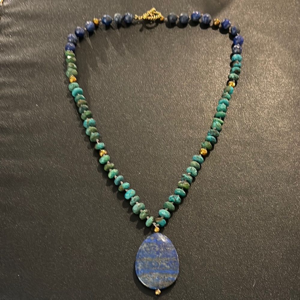 Vintage Lapis & turquoise beaded necklace, large tear drop natural stone pendant